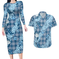 Blue Palaka Hawaii Cowboy Christmas Couples Matching Long Sleeve Bodycon Dress and Hawaiian Shirt Paniolo Mix Maile Lei LT7 Blue - Polynesian Pride