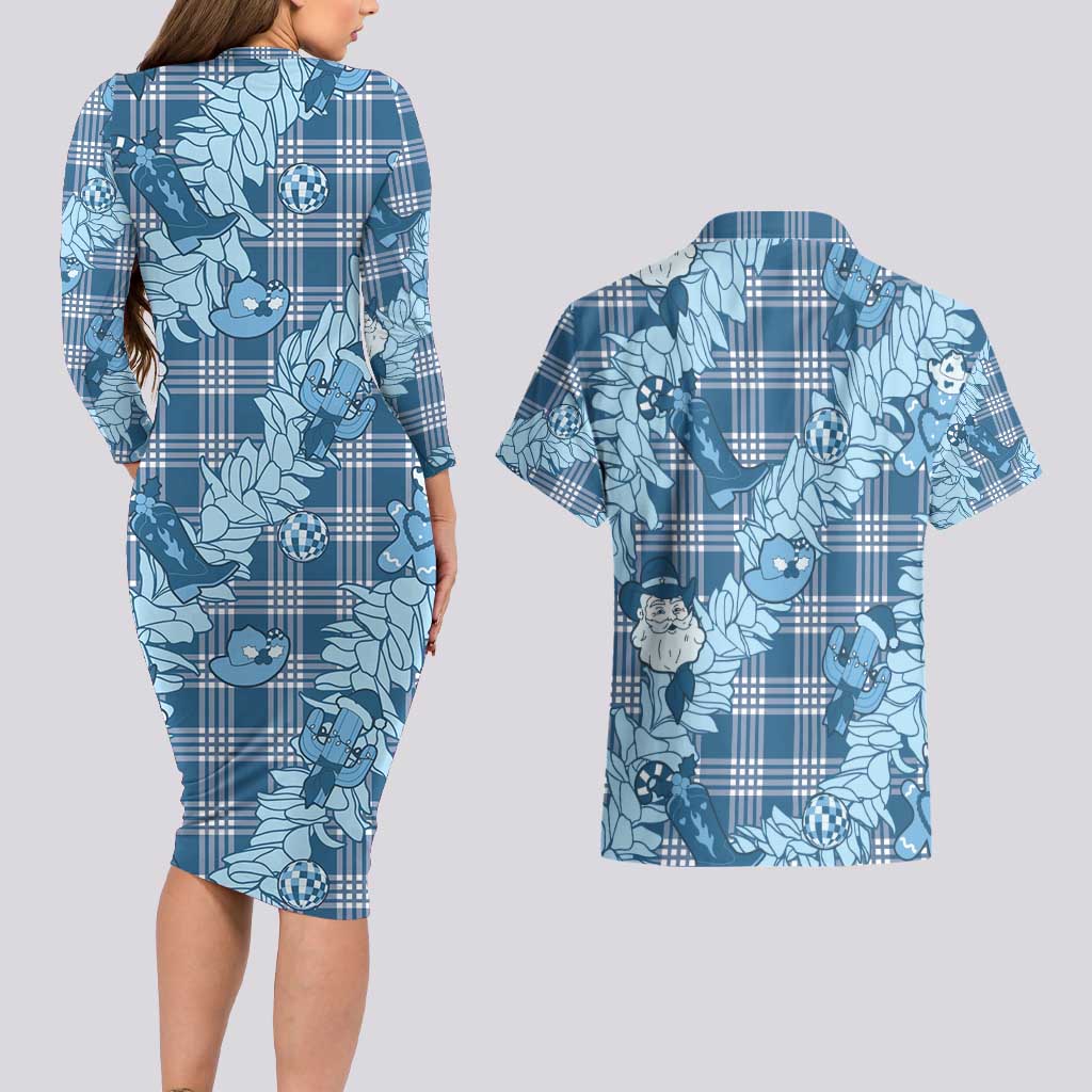 Blue Palaka Hawaii Cowboy Christmas Couples Matching Long Sleeve Bodycon Dress and Hawaiian Shirt Paniolo Mix Maile Lei LT7 - Polynesian Pride