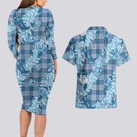 Blue Palaka Hawaii Cowboy Christmas Couples Matching Long Sleeve Bodycon Dress and Hawaiian Shirt Paniolo Mix Maile Lei LT7 - Polynesian Pride
