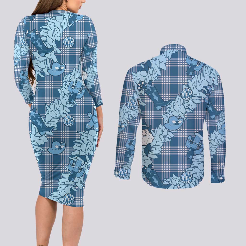 Blue Palaka Hawaii Cowboy Christmas Couples Matching Long Sleeve Bodycon Dress and Long Sleeve Button Shirt Paniolo Mix Maile Lei LT7 - Polynesian Pride