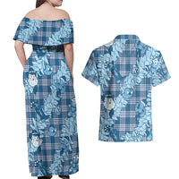 Blue Palaka Hawaii Cowboy Christmas Couples Matching Off Shoulder Maxi Dress and Hawaiian Shirt Paniolo Mix Maile Lei LT7 - Polynesian Pride