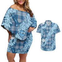 Blue Palaka Hawaii Cowboy Christmas Couples Matching Off Shoulder Short Dress and Hawaiian Shirt Paniolo Mix Maile Lei LT7 Blue - Polynesian Pride