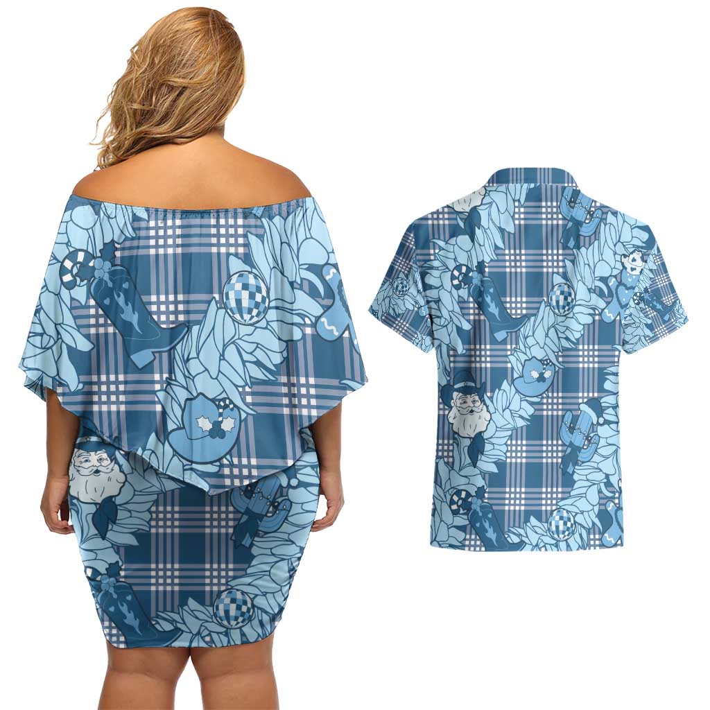 Blue Palaka Hawaii Cowboy Christmas Couples Matching Off Shoulder Short Dress and Hawaiian Shirt Paniolo Mix Maile Lei LT7 - Polynesian Pride
