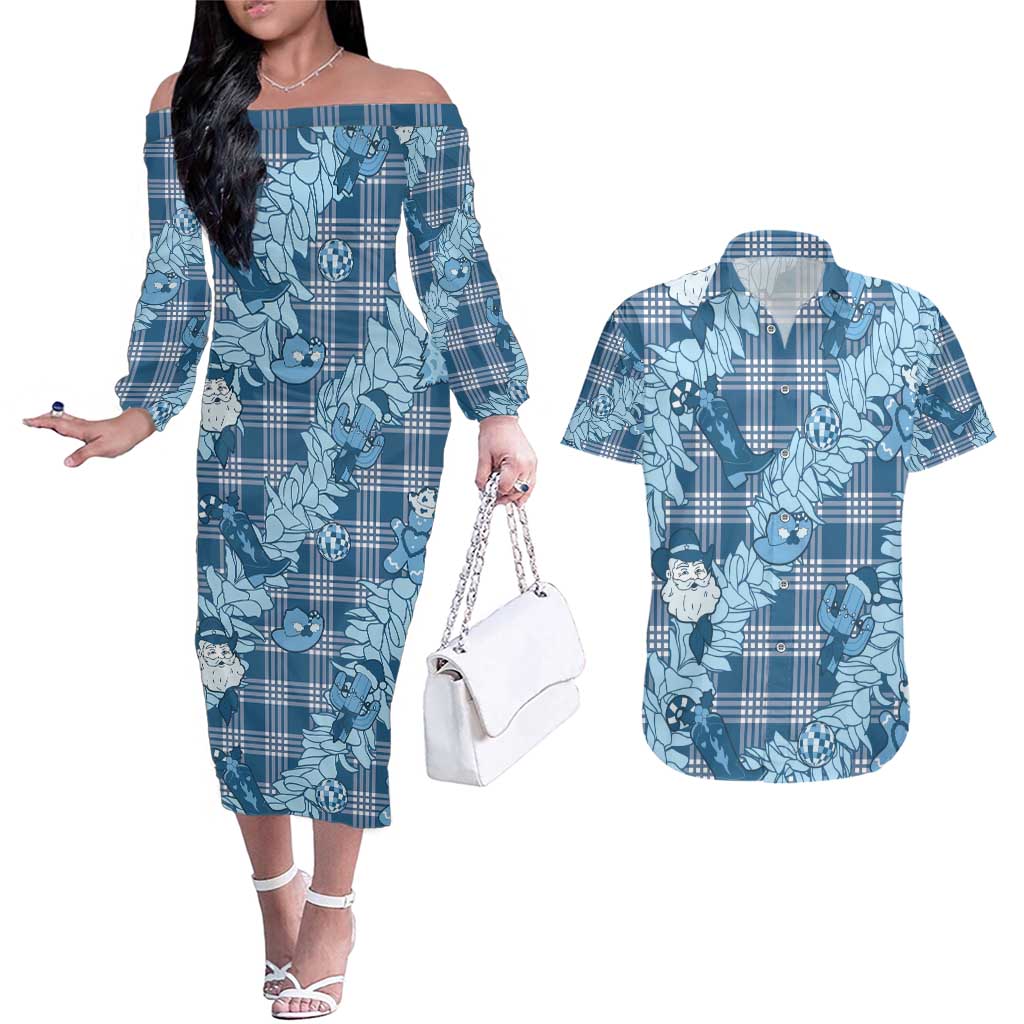 Blue Palaka Hawaii Cowboy Christmas Couples Matching Off The Shoulder Long Sleeve Dress and Hawaiian Shirt Paniolo Mix Maile Lei - Polynesian Pride