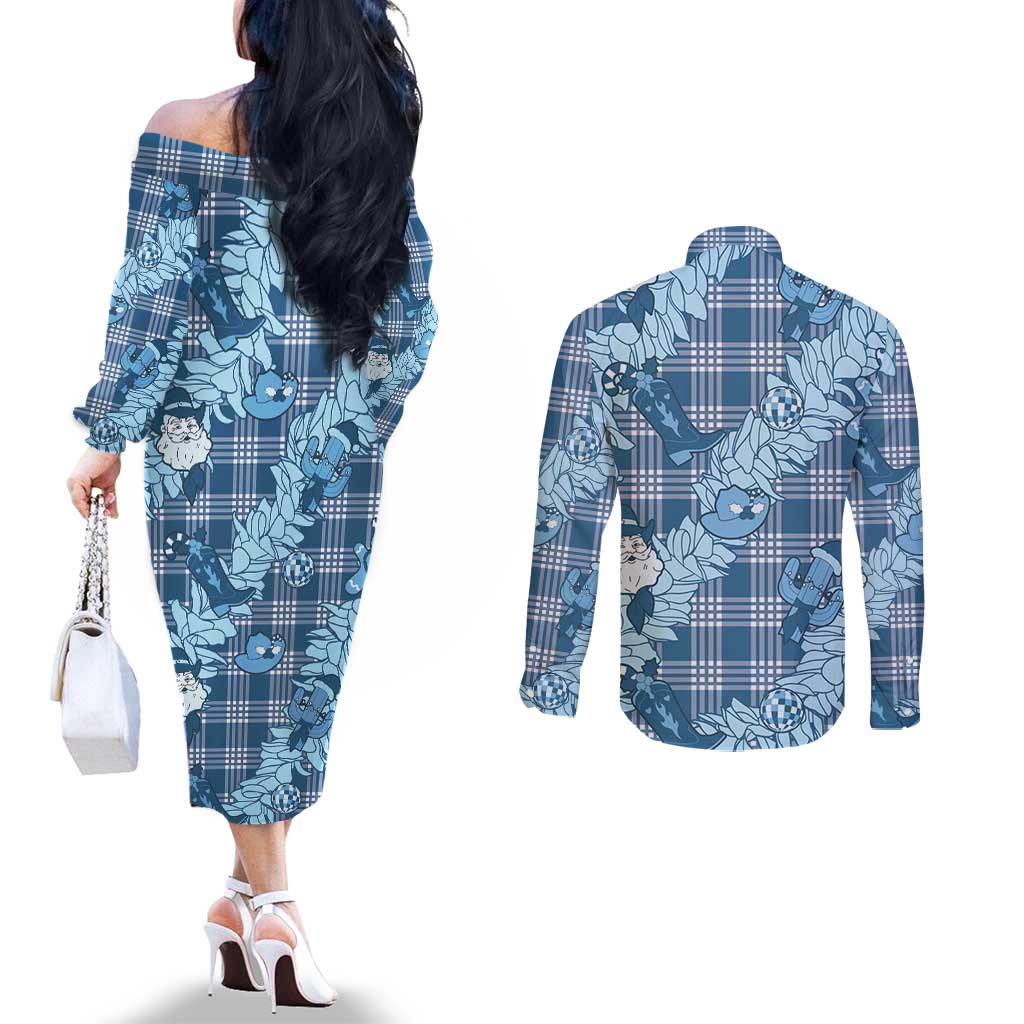 Blue Palaka Hawaii Cowboy Christmas Couples Matching Off The Shoulder Long Sleeve Dress and Long Sleeve Button Shirt Paniolo Mix Maile Lei LT7 - Polynesian Pride