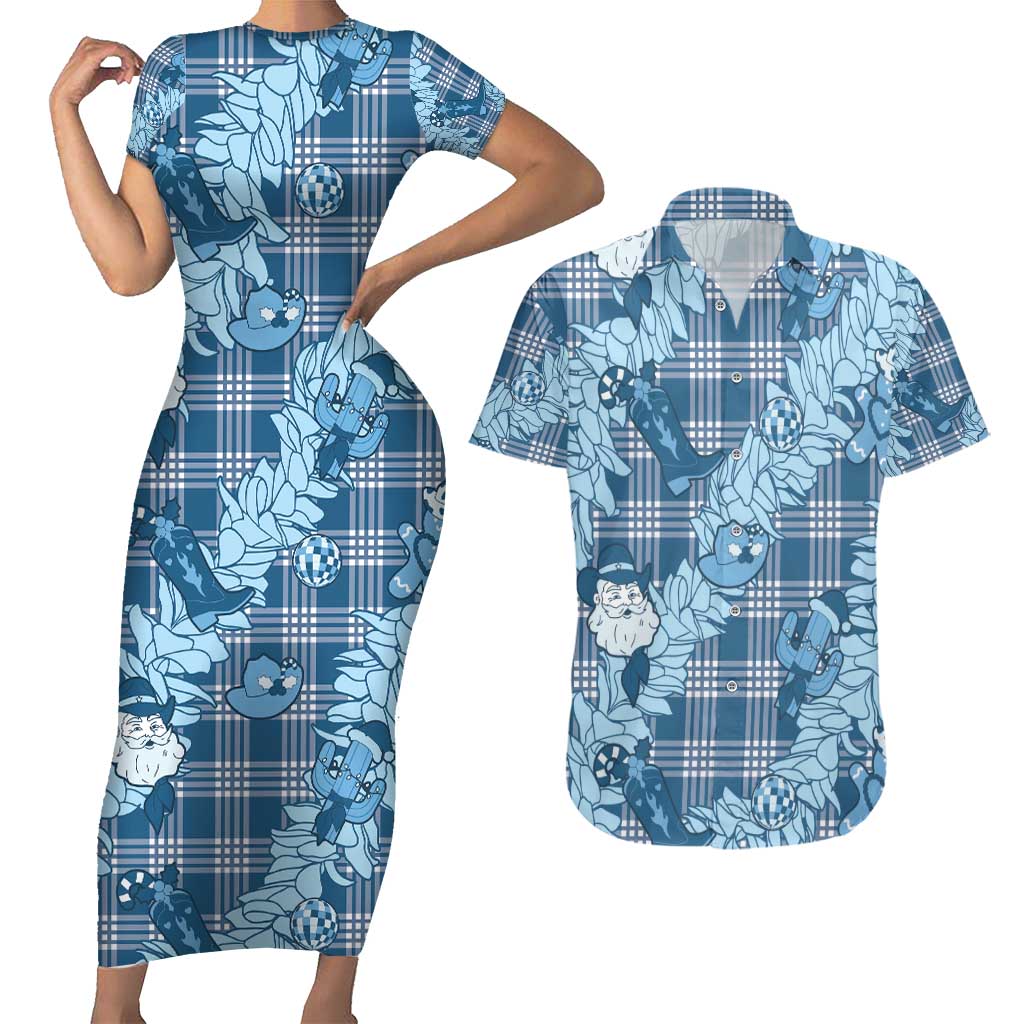 Blue Palaka Hawaii Cowboy Christmas Couples Matching Short Sleeve Bodycon Dress and Hawaiian Shirt Paniolo Mix Maile Lei LT7 Blue - Polynesian Pride