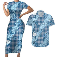 Blue Palaka Hawaii Cowboy Christmas Couples Matching Short Sleeve Bodycon Dress and Hawaiian Shirt Paniolo Mix Maile Lei LT7 Blue - Polynesian Pride
