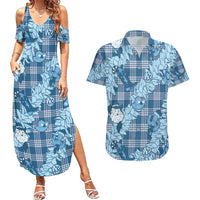 Blue Palaka Hawaii Cowboy Christmas Couples Matching Summer Maxi Dress and Hawaiian Shirt Paniolo Mix Maile Lei LT7 Blue - Polynesian Pride