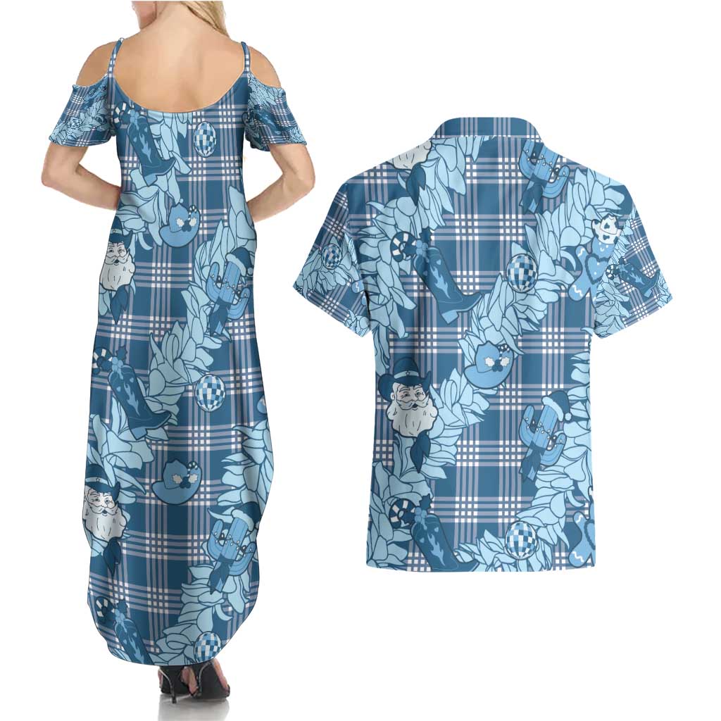 Blue Palaka Hawaii Cowboy Christmas Couples Matching Summer Maxi Dress and Hawaiian Shirt Paniolo Mix Maile Lei LT7 - Polynesian Pride