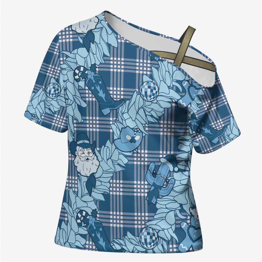 Blue Palaka Hawaii Cowboy Christmas Cross Shoulder Shirt Paniolo Mix Maile Lei LT7 Female Blue - Polynesian Pride