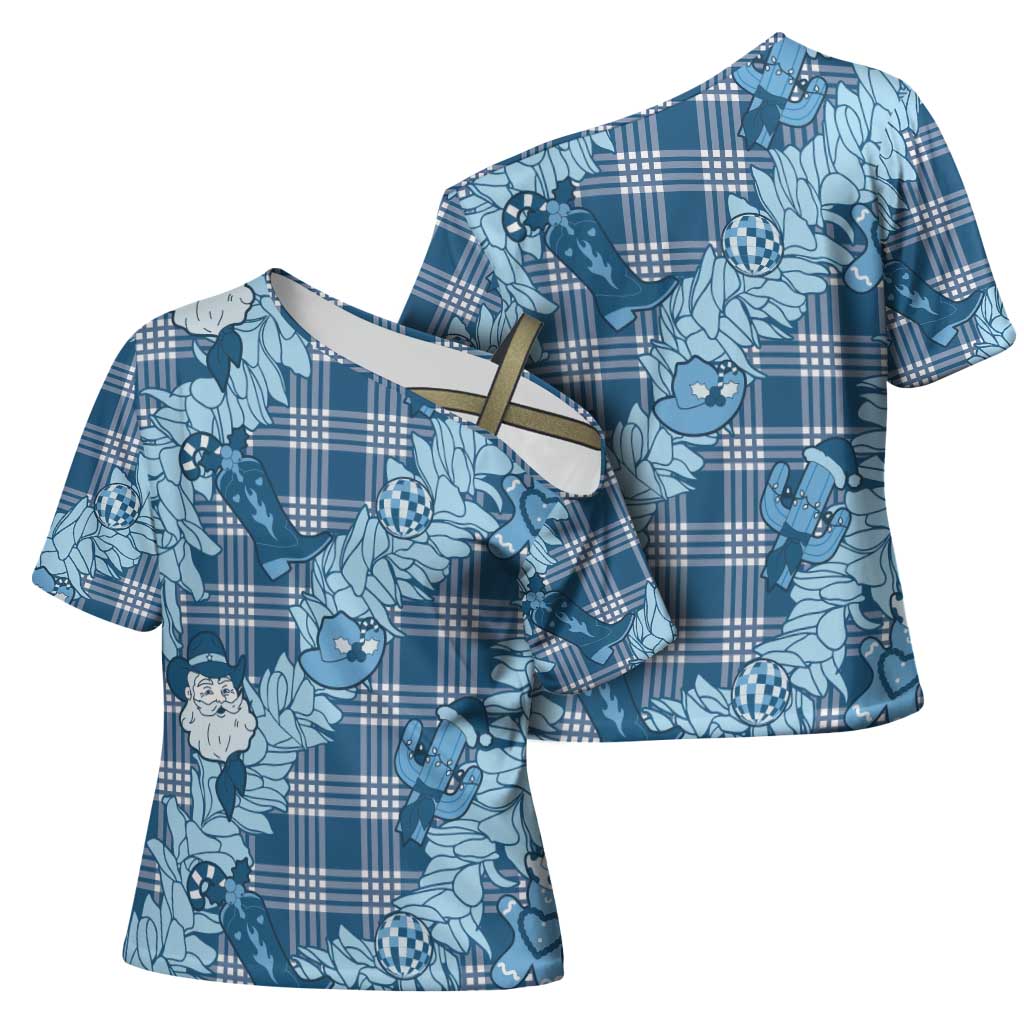 Blue Palaka Hawaii Cowboy Christmas Cross Shoulder Shirt Paniolo Mix Maile Lei LT7 - Polynesian Pride