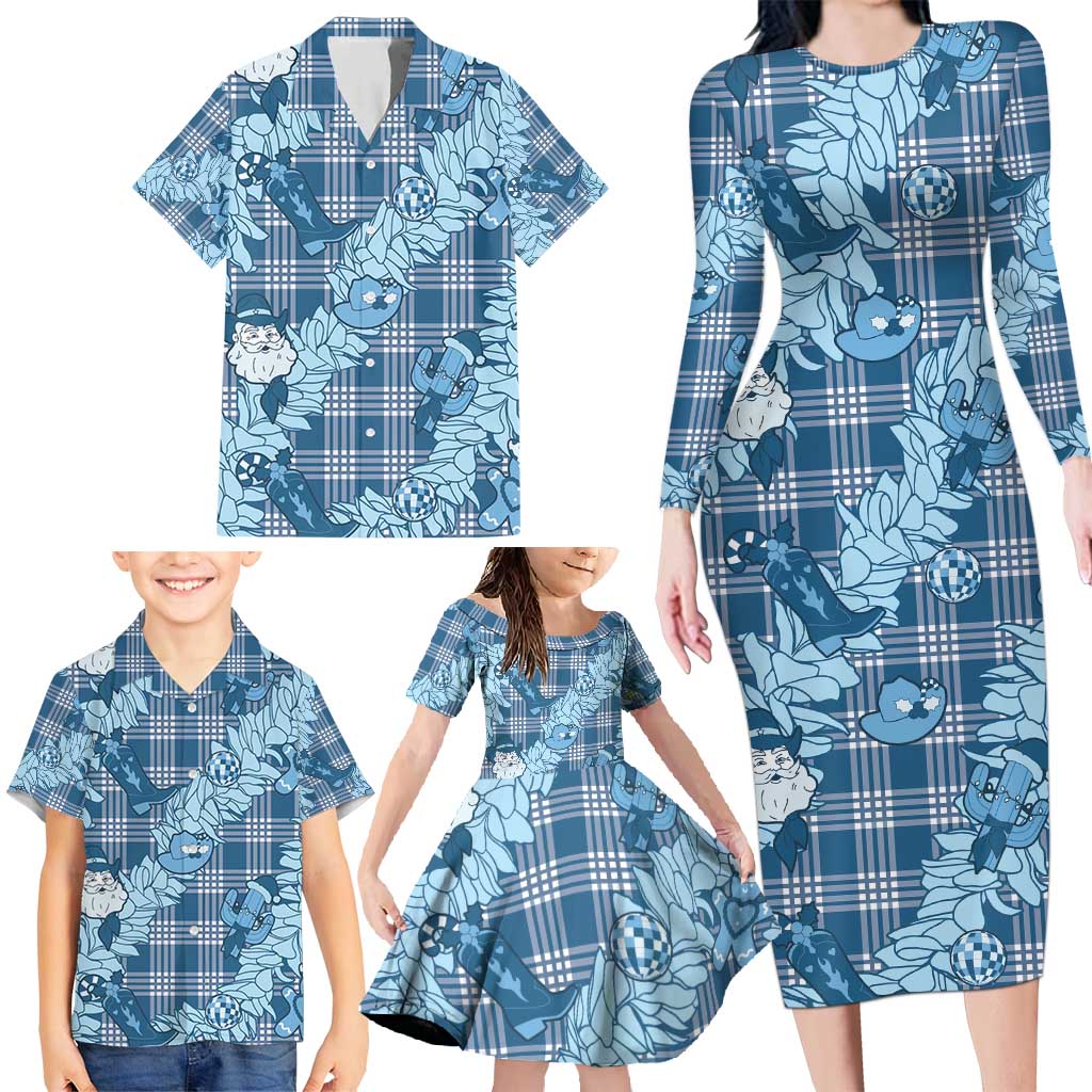 Blue Palaka Hawaii Cowboy Christmas Family Matching Long Sleeve Bodycon Dress and Hawaiian Shirt Paniolo Mix Maile Lei LT7 - Polynesian Pride