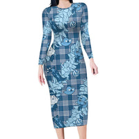 Blue Palaka Hawaii Cowboy Christmas Family Matching Long Sleeve Bodycon Dress and Hawaiian Shirt Paniolo Mix Maile Lei LT7 Mom's Dress Blue - Polynesian Pride