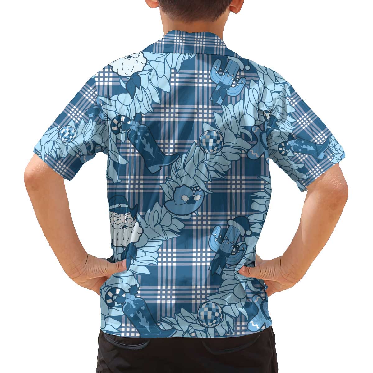 Blue Palaka Hawaii Cowboy Christmas Family Matching Off The Shoulder Long Sleeve Dress and Hawaiian Shirt Paniolo Mix Maile Lei LT7 - Polynesian Pride