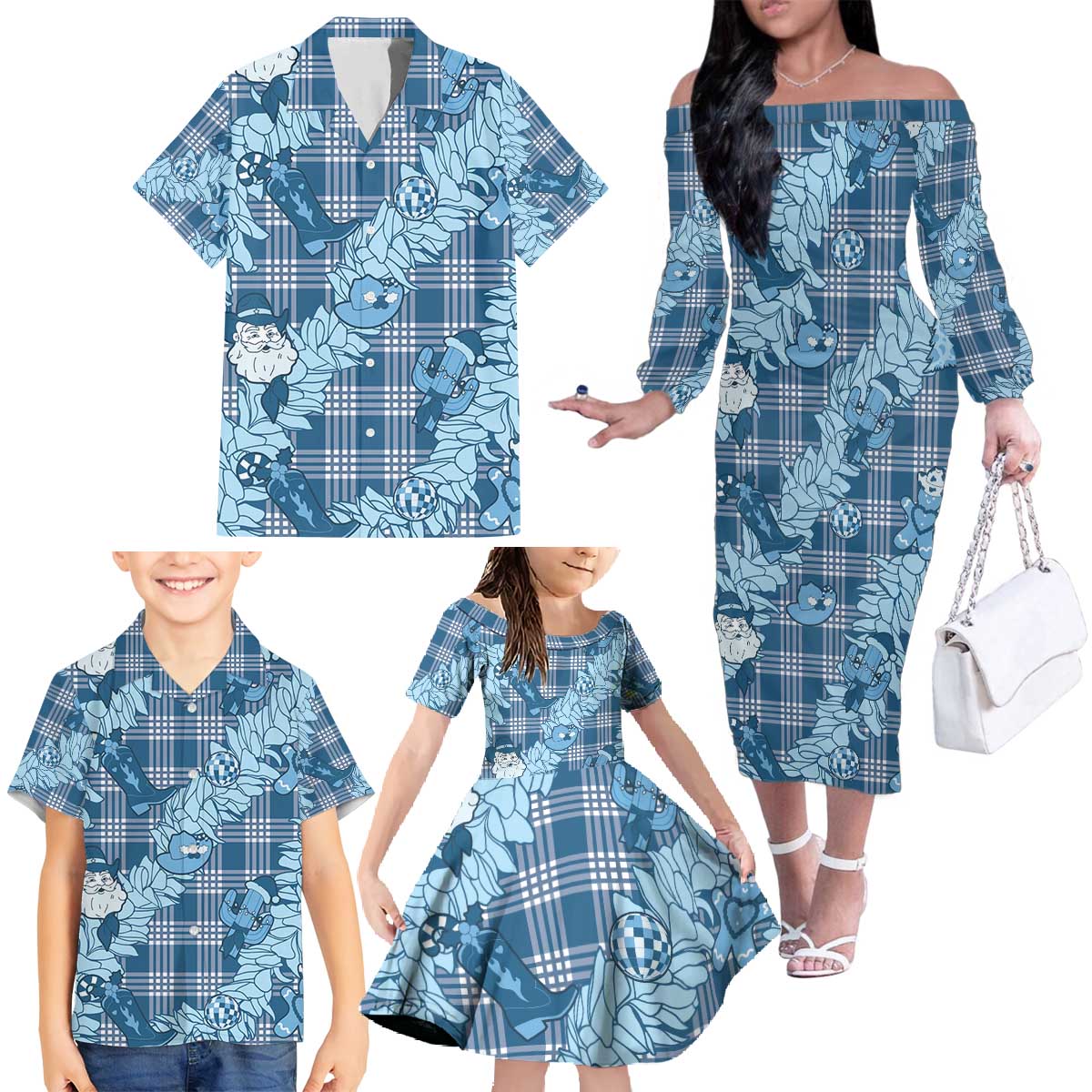 Blue Palaka Hawaii Cowboy Christmas Family Matching Off The Shoulder Long Sleeve Dress and Hawaiian Shirt Paniolo Mix Maile Lei LT7 - Polynesian Pride