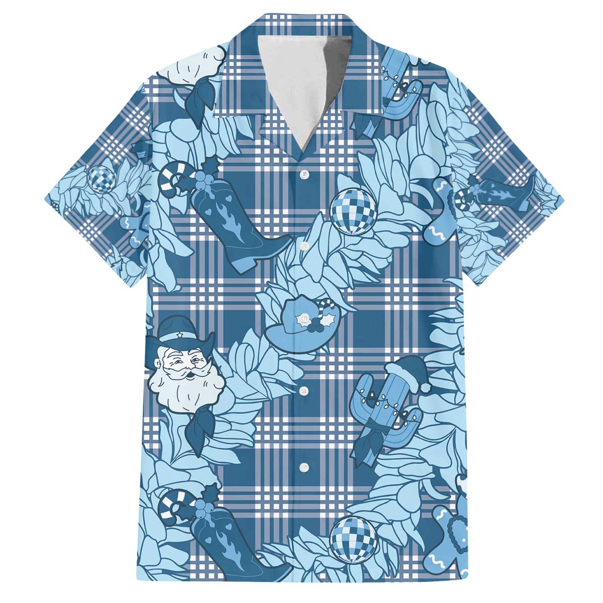Blue Palaka Hawaii Cowboy Christmas Family Matching Off The Shoulder Long Sleeve Dress and Hawaiian Shirt Paniolo Mix Maile Lei LT7 Dad's Shirt - Short Sleeve Blue - Polynesian Pride
