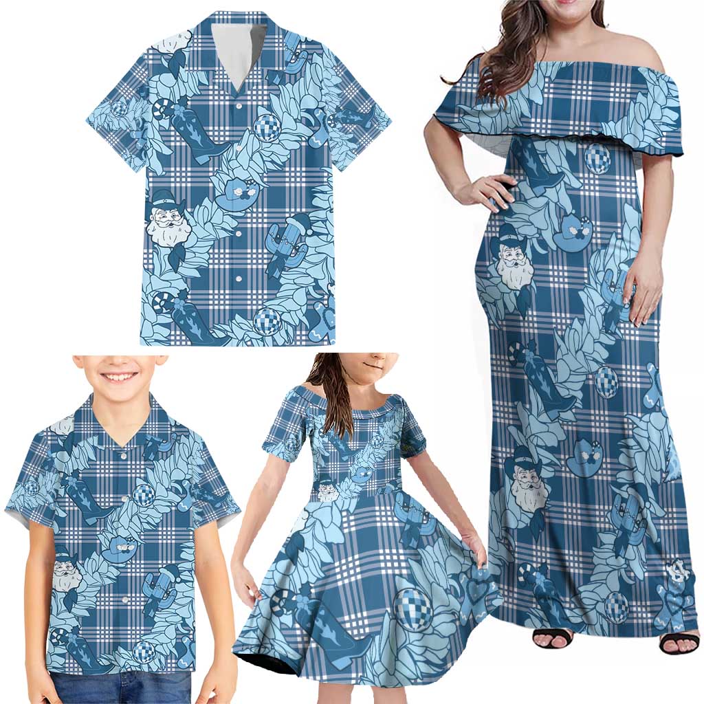 Blue Palaka Hawaii Cowboy Christmas Family Matching Off Shoulder Maxi Dress and Hawaiian Shirt Paniolo Mix Maile Lei LT7 - Polynesian Pride