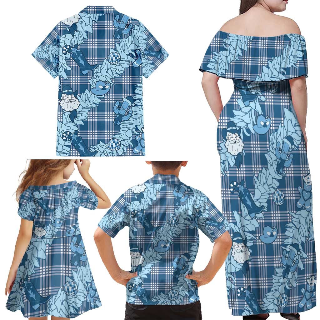 Blue Palaka Hawaii Cowboy Christmas Family Matching Off Shoulder Maxi Dress and Hawaiian Shirt Paniolo Mix Maile Lei LT7 - Polynesian Pride