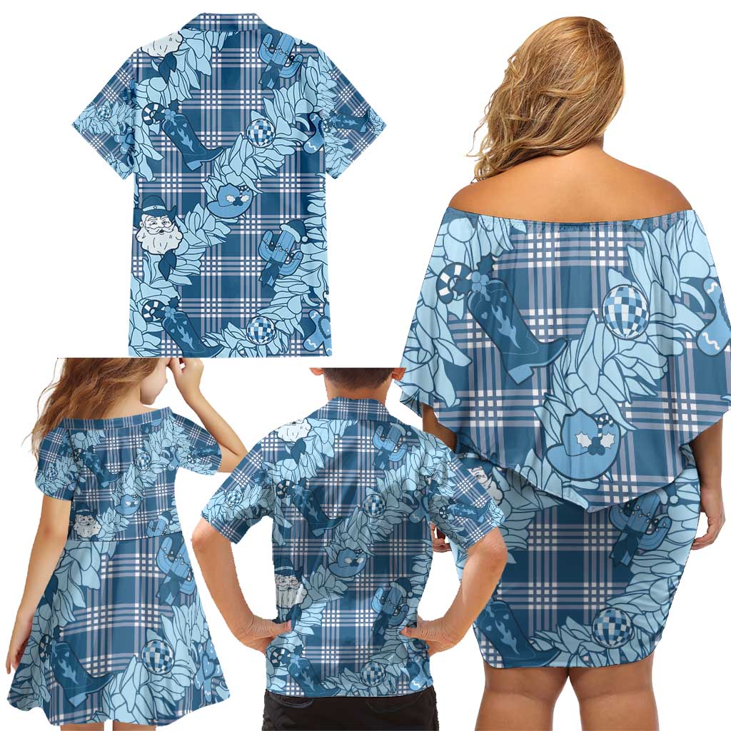 Blue Palaka Hawaii Cowboy Christmas Family Matching Off Shoulder Short Dress and Hawaiian Shirt Paniolo Mix Maile Lei LT7 - Polynesian Pride