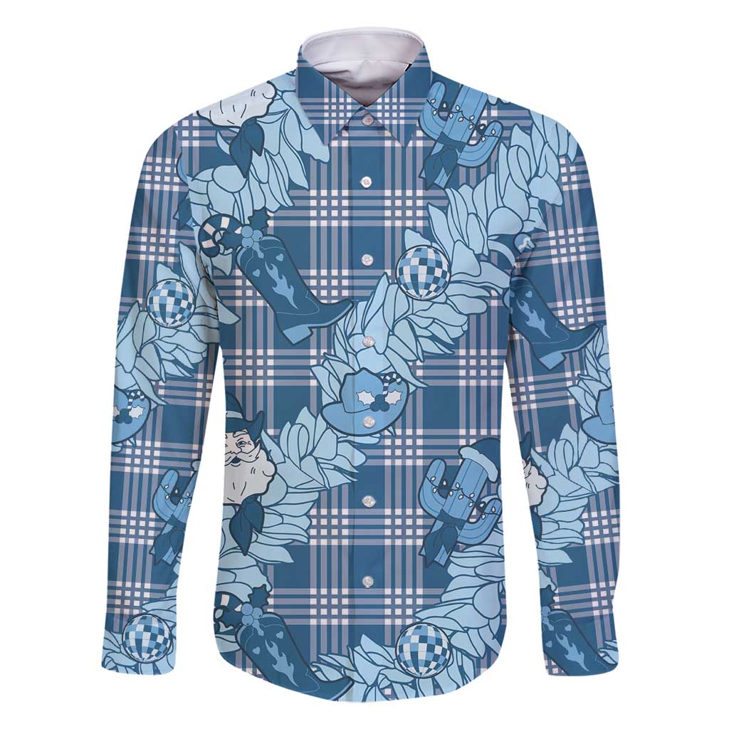 Blue Palaka Hawaii Cowboy Christmas Family Matching Off Shoulder Short Dress and Hawaiian Shirt Paniolo Mix Maile Lei LT7 Dad's Shirt - Long Sleeve Blue - Polynesian Pride