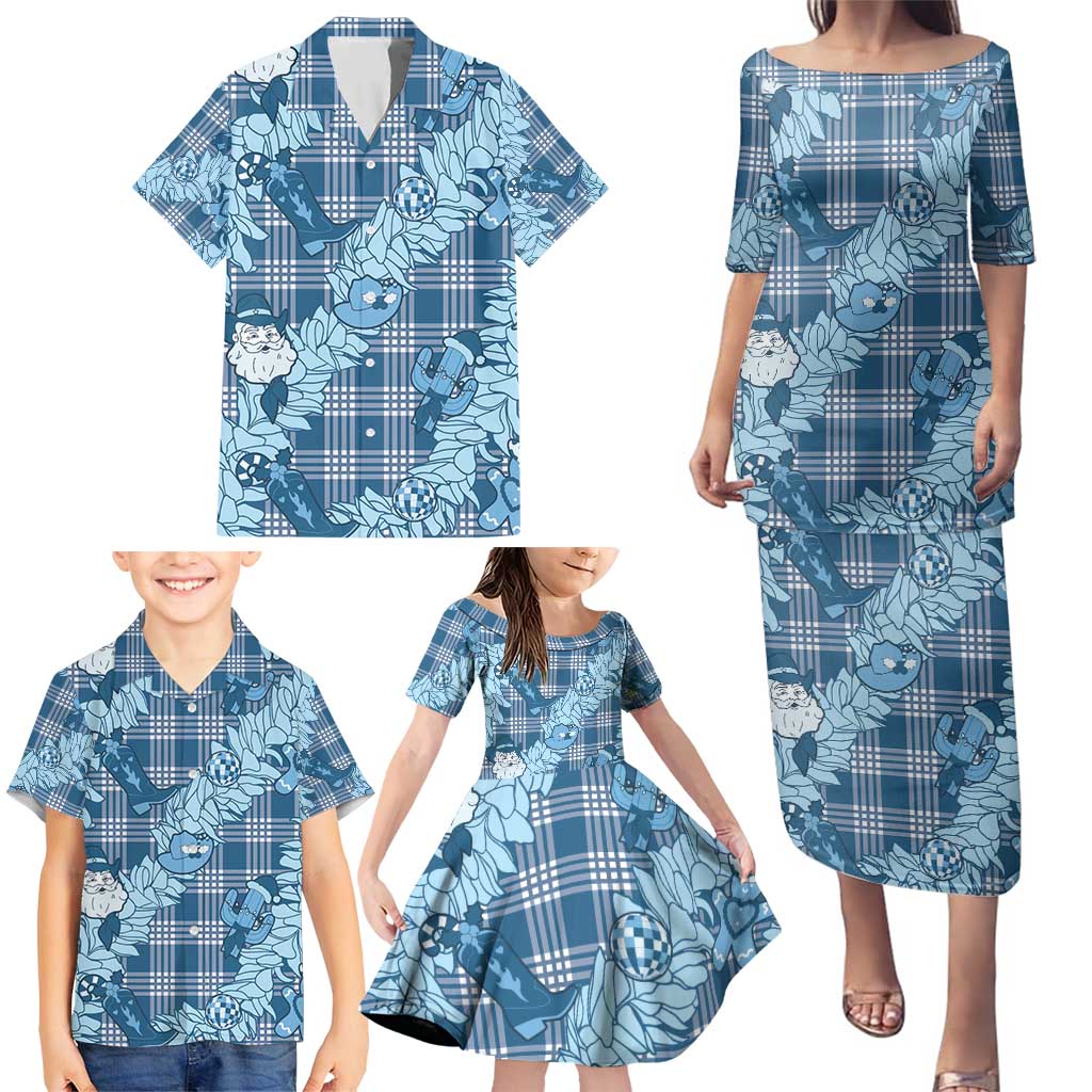 Blue Palaka Hawaii Cowboy Christmas Family Matching Puletasi and Hawaiian Shirt Paniolo Mix Maile Lei LT7 - Polynesian Pride