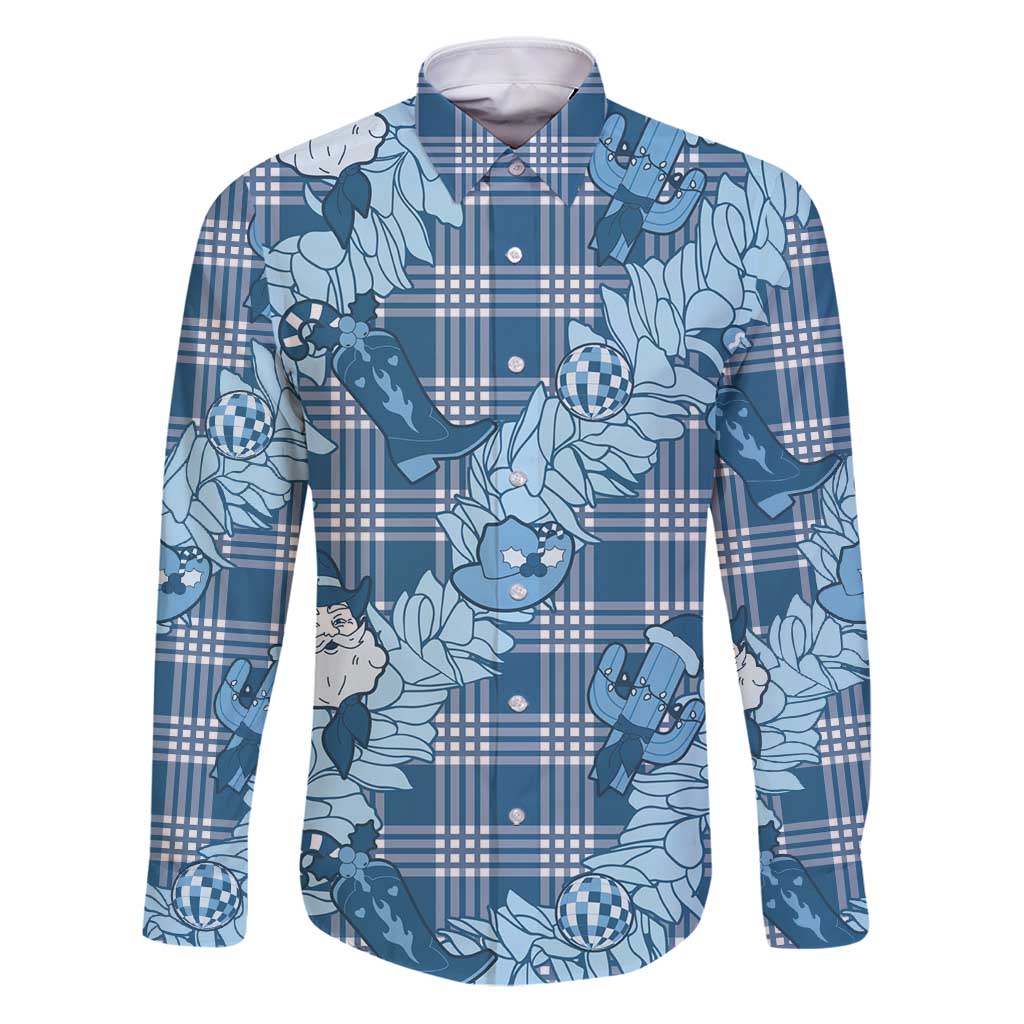 Blue Palaka Hawaii Cowboy Christmas Family Matching Puletasi and Hawaiian Shirt Paniolo Mix Maile Lei LT7 Dad's Shirt - Long Sleeve Blue - Polynesian Pride