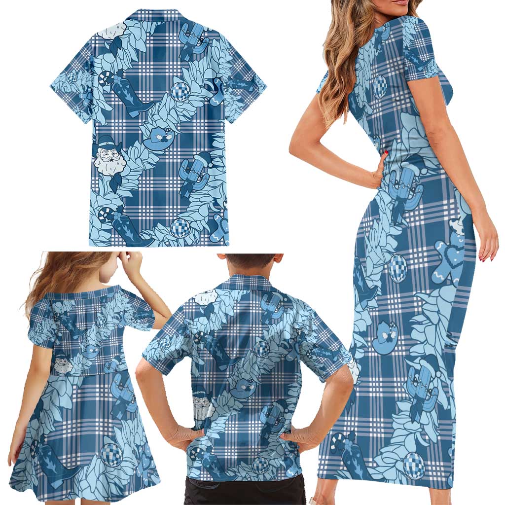 Blue Palaka Hawaii Cowboy Christmas Family Matching Short Sleeve Bodycon Dress and Hawaiian Shirt Paniolo Mix Maile Lei LT7 - Polynesian Pride