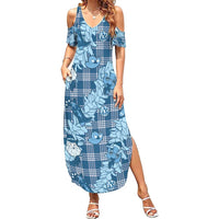 Blue Palaka Hawaii Cowboy Christmas Family Matching Summer Maxi Dress and Hawaiian Shirt Paniolo Mix Maile Lei LT7 Mom's Dress Blue - Polynesian Pride