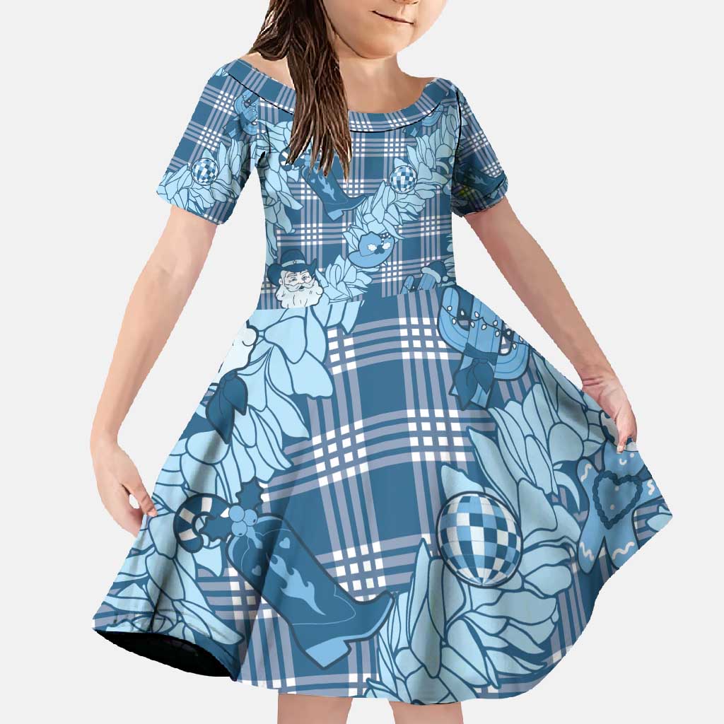 Blue Palaka Hawaii Cowboy Christmas Family Matching Tank Maxi Dress and Hawaiian Shirt Paniolo Mix Maile Lei LT7 Daughter's Dress Blue - Polynesian Pride