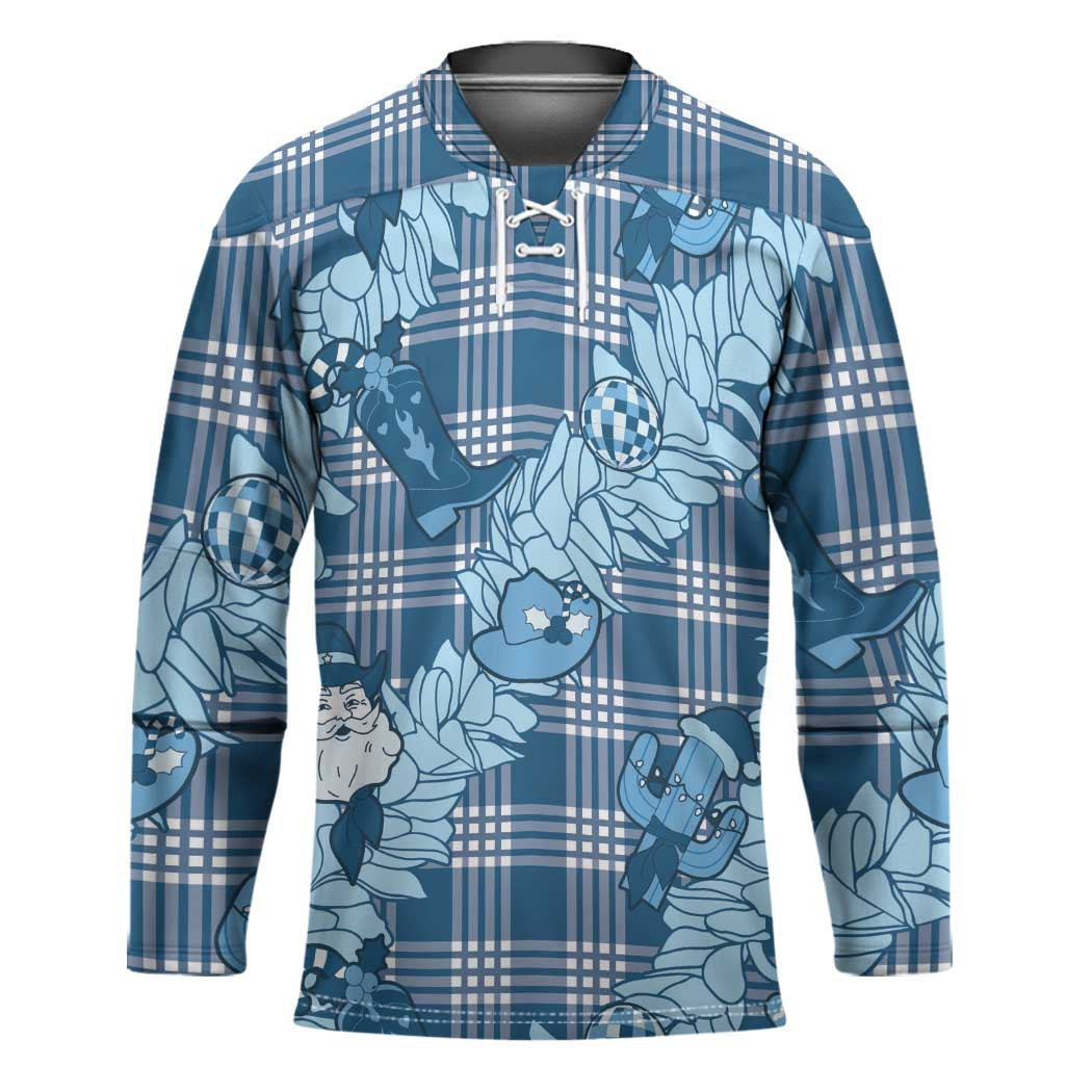 Blue Palaka Hawaii Cowboy Christmas Hockey Jersey Paniolo Mix Maile Lei - Polynesian Pride