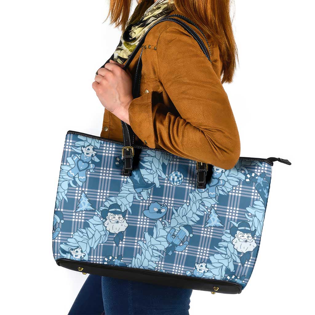 Blue Palaka Hawaii Cowboy Christmas Leather Tote Bag Paniolo Mix Maile Lei - Polynesian Pride
