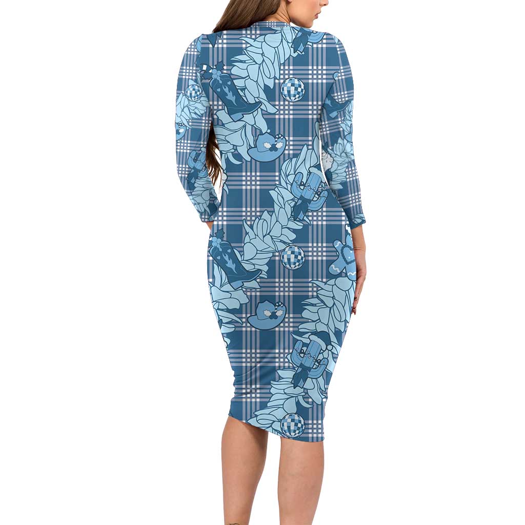 Blue Palaka Hawaii Cowboy Christmas Long Sleeve Bodycon Dress Paniolo Mix Maile Lei - Polynesian Pride