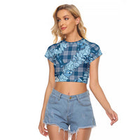 Blue Palaka Hawaii Cowboy Christmas Raglan Cropped T Shirt Paniolo Mix Maile Lei - Polynesian Pride