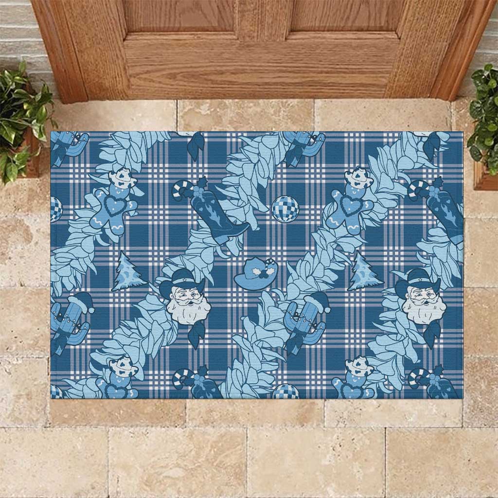 Blue Palaka Hawaii Cowboy Christmas Rubber Doormat Paniolo Mix Maile Lei LT7 Blue - Polynesian Pride