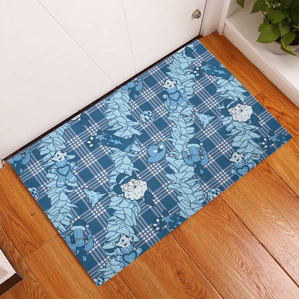 Blue Palaka Hawaii Cowboy Christmas Rubber Doormat Paniolo Mix Maile Lei LT7 - Polynesian Pride