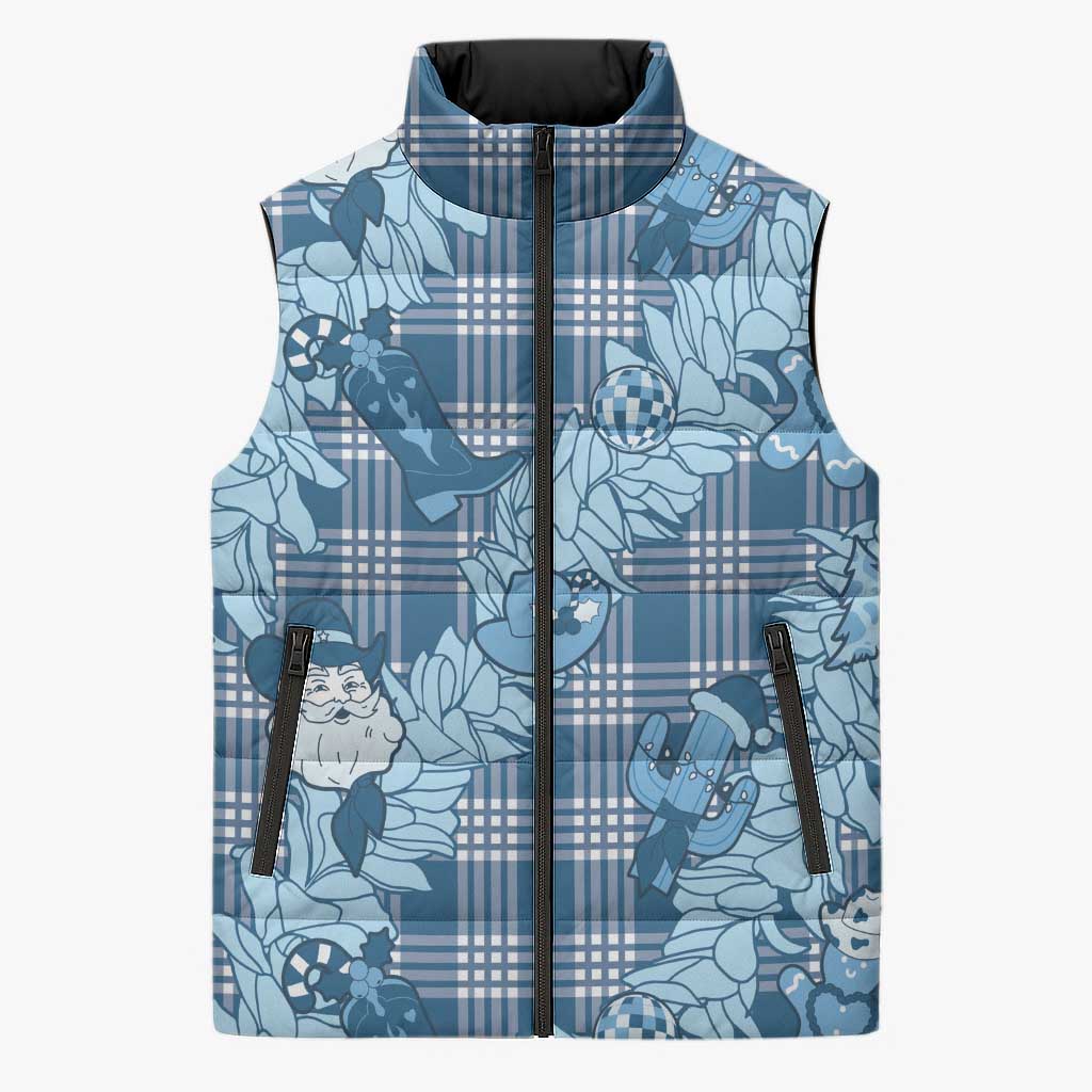 Blue Palaka Hawaii Cowboy Christmas Sleeveless Puffer Jacket Paniolo Mix Maile Lei - Polynesian Pride