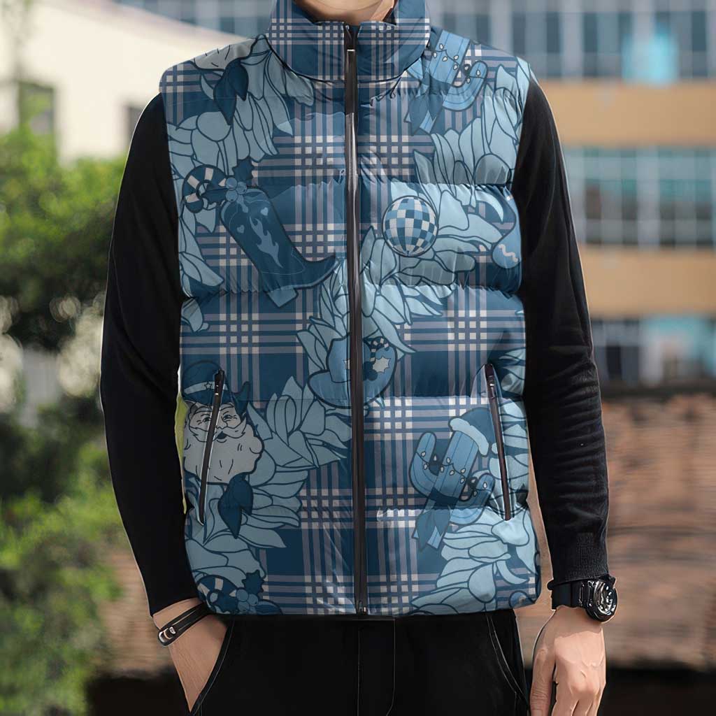 Blue Palaka Hawaii Cowboy Christmas Sleeveless Puffer Jacket Paniolo Mix Maile Lei - Polynesian Pride