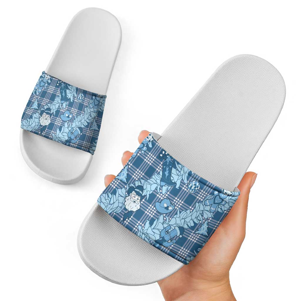 Blue Palaka Hawaii Cowboy Christmas Slide Sandals Paniolo Mix Maile Lei - Polynesian Pride