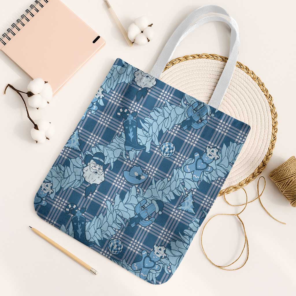 Blue Palaka Hawaii Cowboy Christmas Tote Bag Paniolo Mix Maile Lei - Polynesian Pride