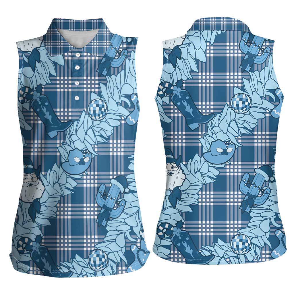 Blue Palaka Hawaii Cowboy Christmas Women Sleeveless Polo Shirt Paniolo Mix Maile Lei - Polynesian Pride