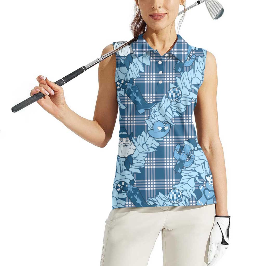 Blue Palaka Hawaii Cowboy Christmas Women Sleeveless Polo Shirt Paniolo Mix Maile Lei - Polynesian Pride