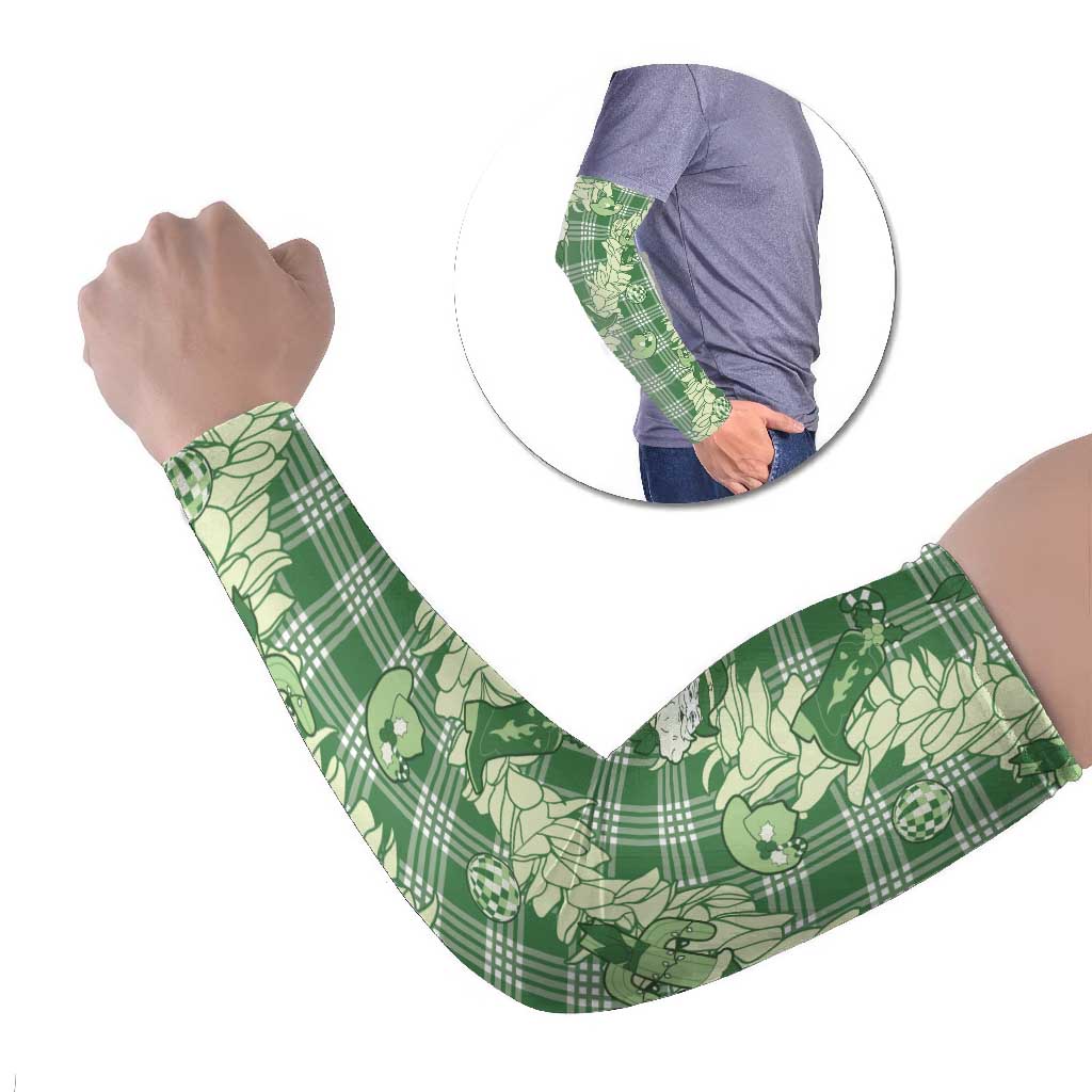 Green Palaka Hawaii Cowboy Christmas Arm Sleeves Paniolo Mix Maile Lei - Polynesian Pride