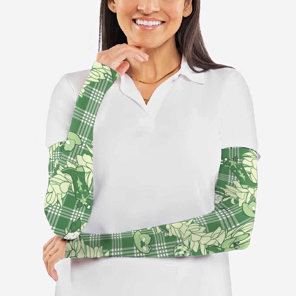 Green Palaka Hawaii Cowboy Christmas Arm Sleeves Paniolo Mix Maile Lei - Polynesian Pride