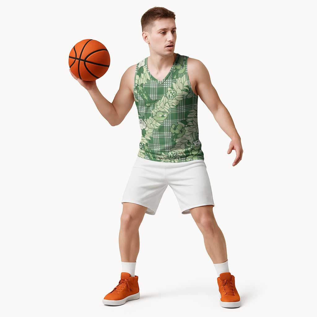 Green Palaka Hawaii Cowboy Christmas Basketball Jersey Paniolo Mix Maile Lei - Polynesian Pride