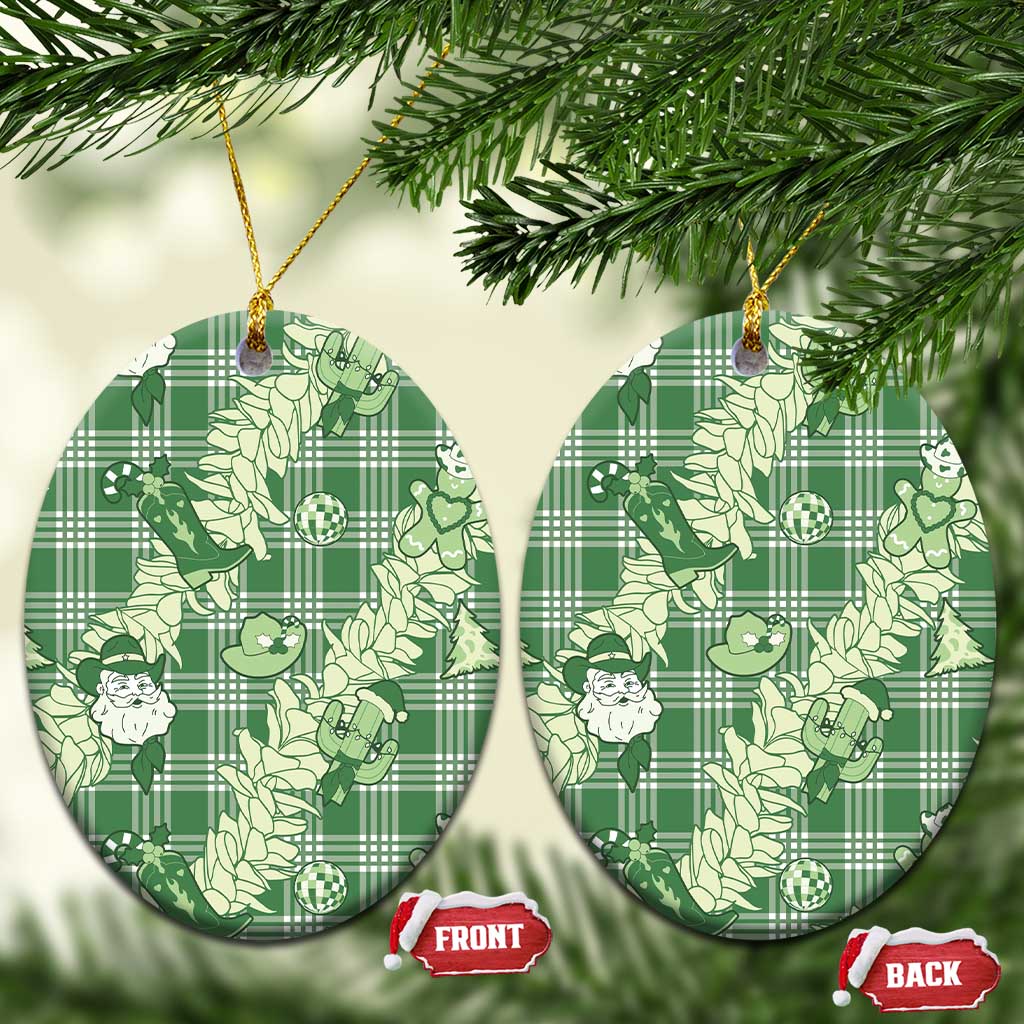 Green Palaka Hawaii Cowboy Christmas Ceramic Ornament Paniolo Mix Maile Lei LT7 Oval Green - Polynesian Pride