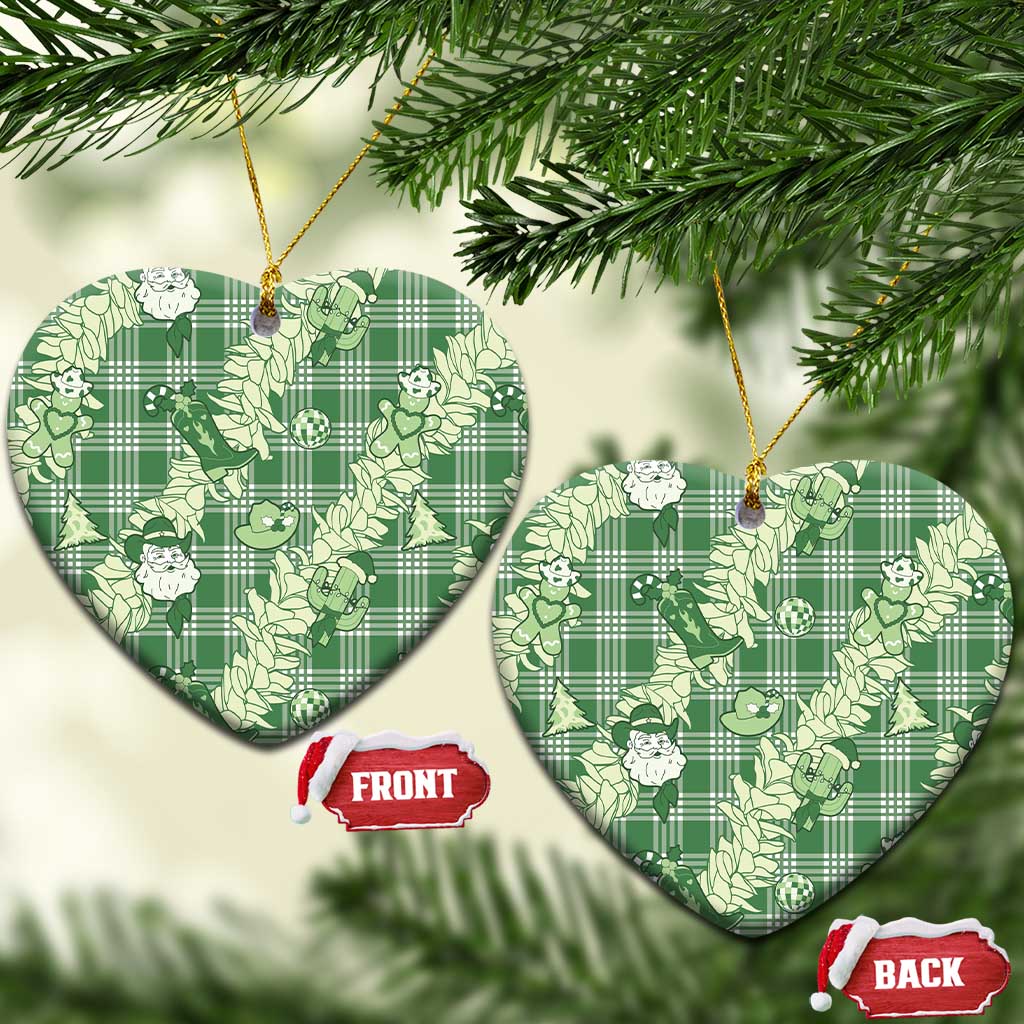Green Palaka Hawaii Cowboy Christmas Ceramic Ornament Paniolo Mix Maile Lei LT7 Heart Green - Polynesian Pride