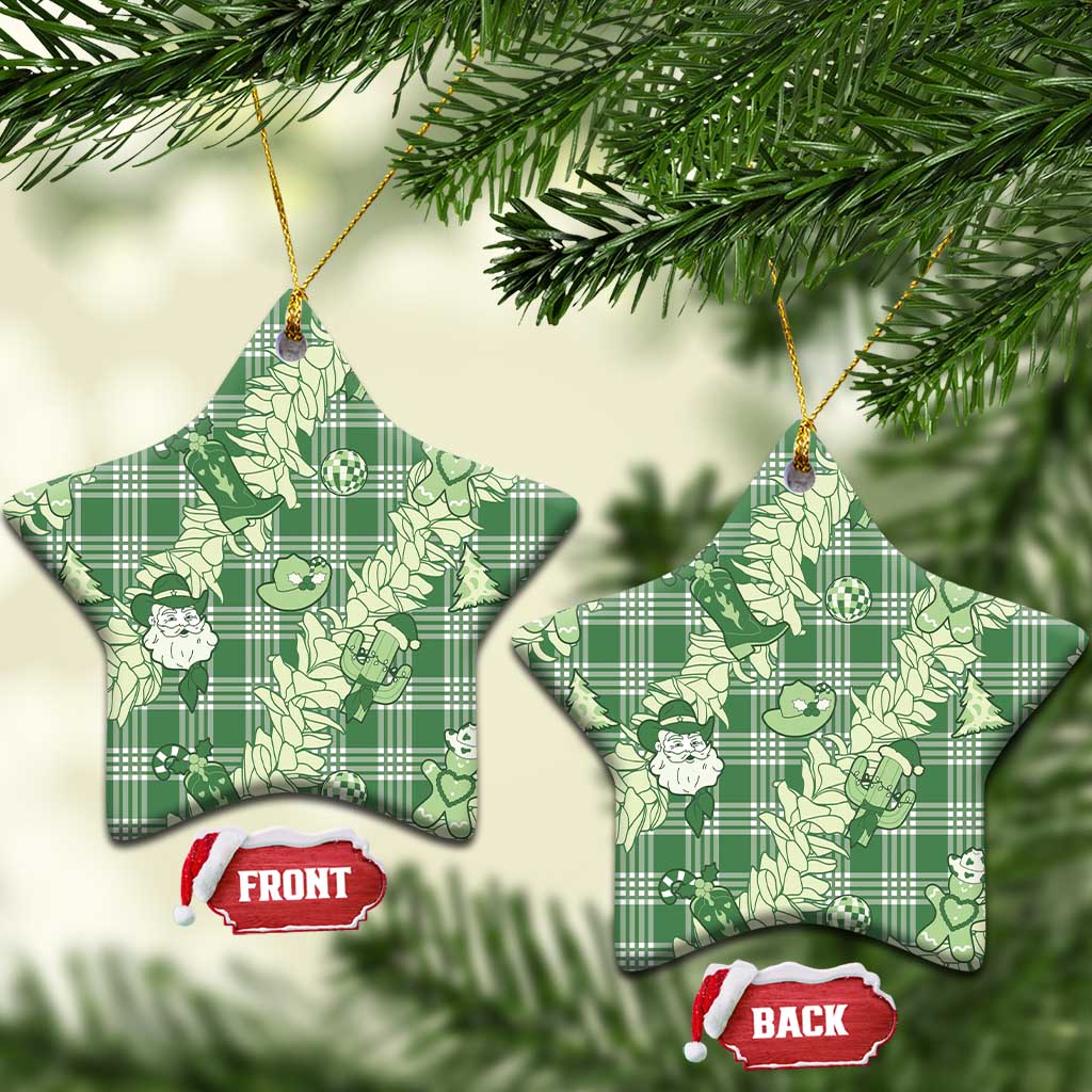 Green Palaka Hawaii Cowboy Christmas Ceramic Ornament Paniolo Mix Maile Lei LT7 Star Green - Polynesian Pride