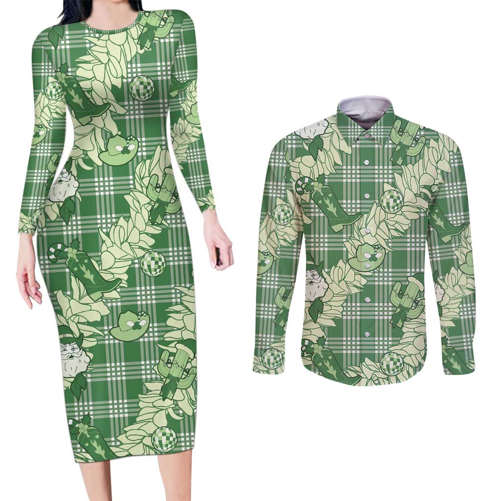 Green Palaka Hawaii Cowboy Christmas Couples Matching Long Sleeve Bodycon Dress and Long Sleeve Button Shirt Paniolo Mix Maile Lei LT7 Green - Polynesian Pride