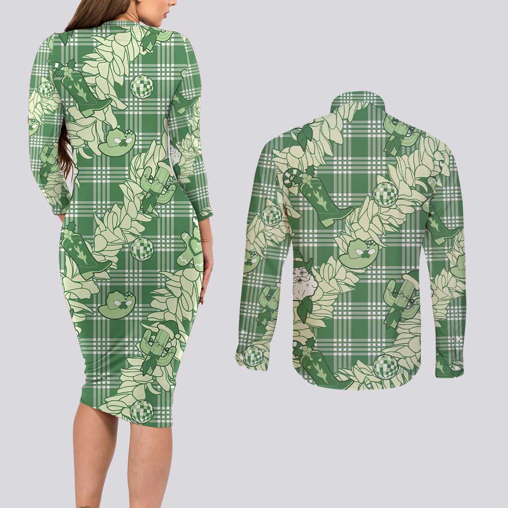 Green Palaka Hawaii Cowboy Christmas Couples Matching Long Sleeve Bodycon Dress and Long Sleeve Button Shirt Paniolo Mix Maile Lei LT7 - Polynesian Pride