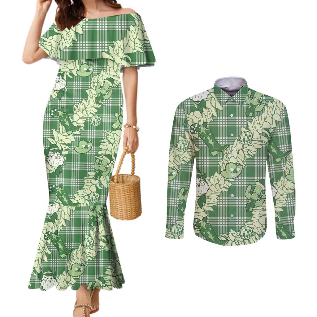 Green Palaka Hawaii Cowboy Christmas Couples Matching Mermaid Dress and Long Sleeve Button Shirt Paniolo Mix Maile Lei LT7 Green - Polynesian Pride